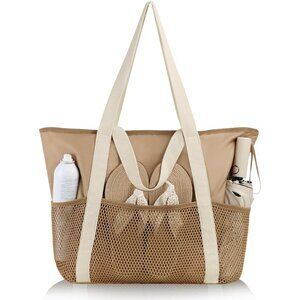 Women Khaki Beach Bag Large Waterproof Sandproof Foldable Tote With Zipper Mesh